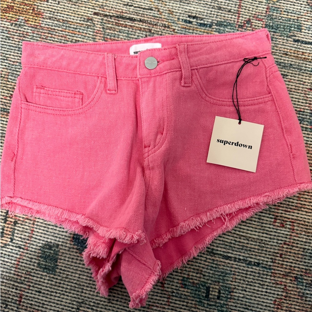 Superdown Pink Jean Shorts with Frayed Hem
